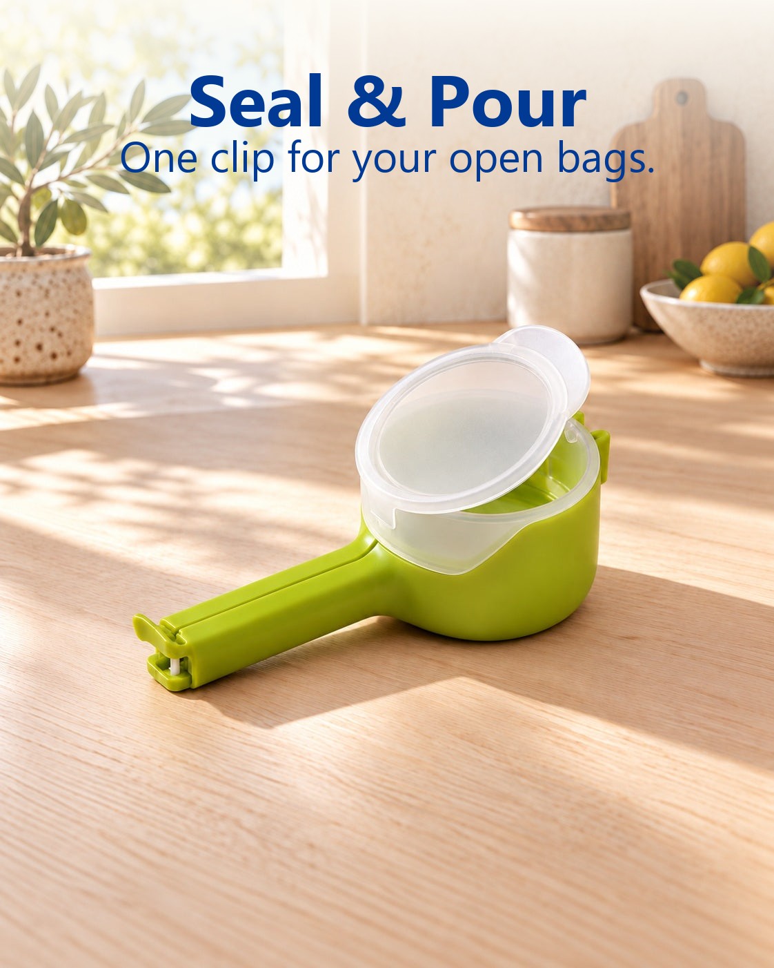 Seal & pour: lime-green bag clip with a clear flip-cap spout