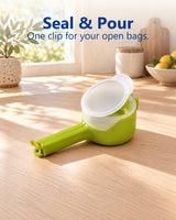 Seal & pour: lime-green bag clip with a clear flip-cap spout