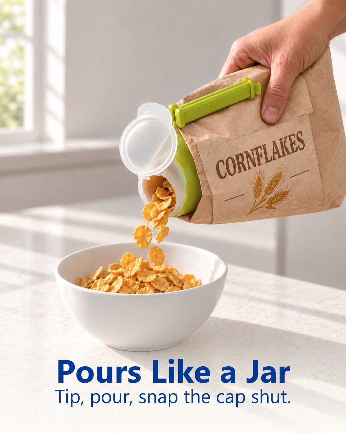 Pours like a jar: cornflakes pouring through the clip spout into a bowl