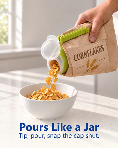 Pours like a jar: cornflakes pouring through the clip spout into a bowl