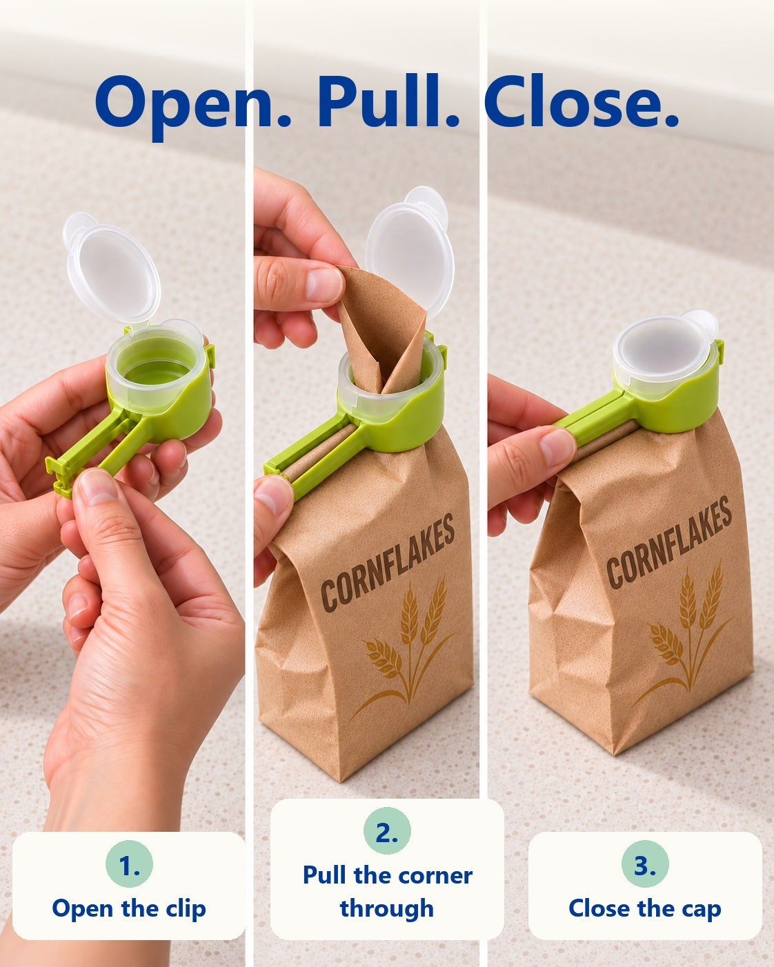 Open, pull, close: three steps to fit the clip on a cereal bag