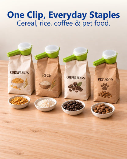 One clip, everyday staples: clips on cornflakes, rice, coffee and pet food bags