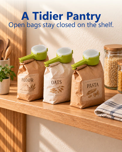 A tidier pantry: flour, oats and pasta bags clipped shut on a shelf