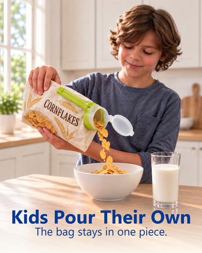 Kids pour their own: child pouring cornflakes through the clip spout