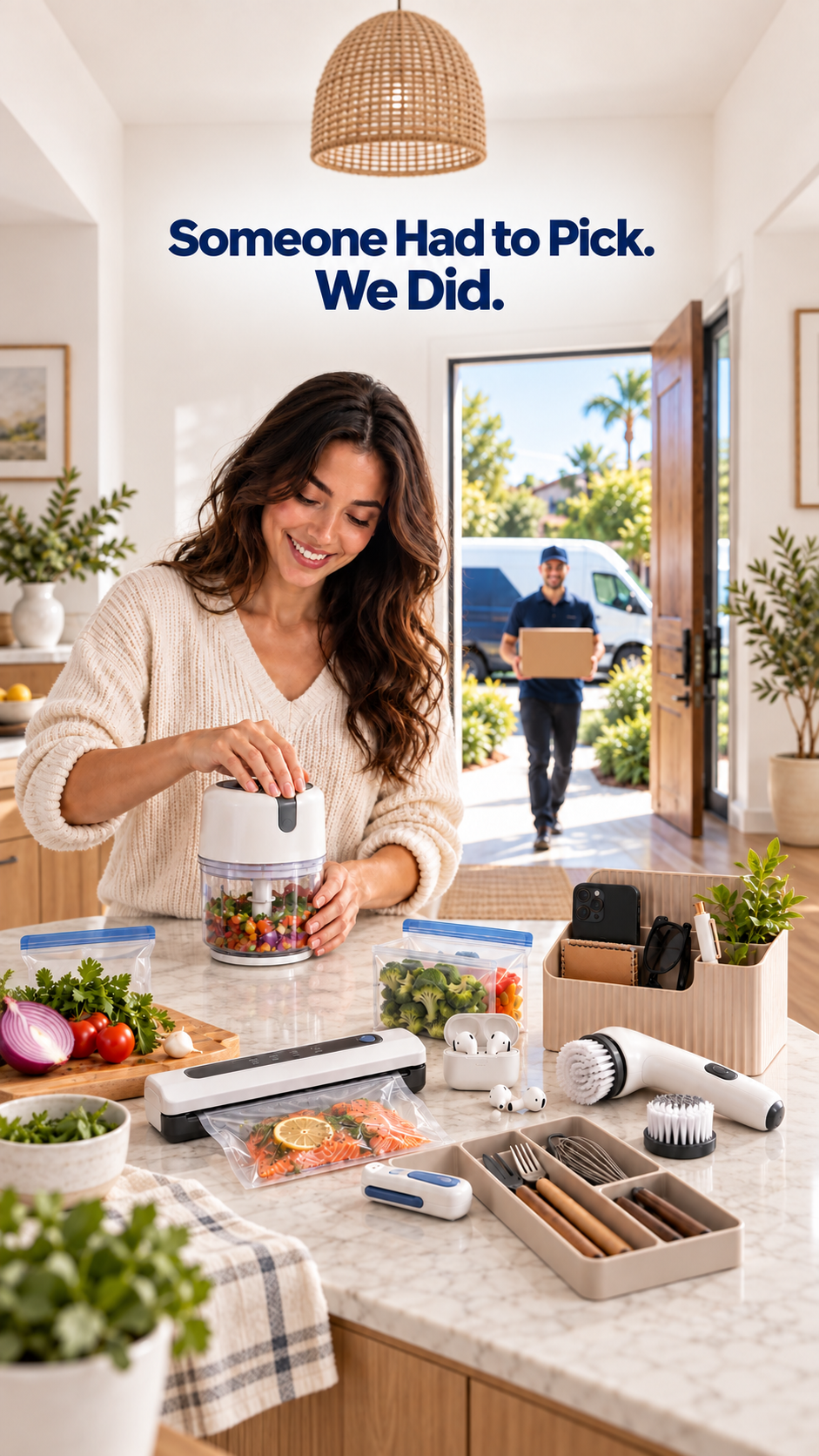 Someone had to pick. We did. A bright kitchen with everyday 961picks gadgets on the counter and a delivery arriving at the door.