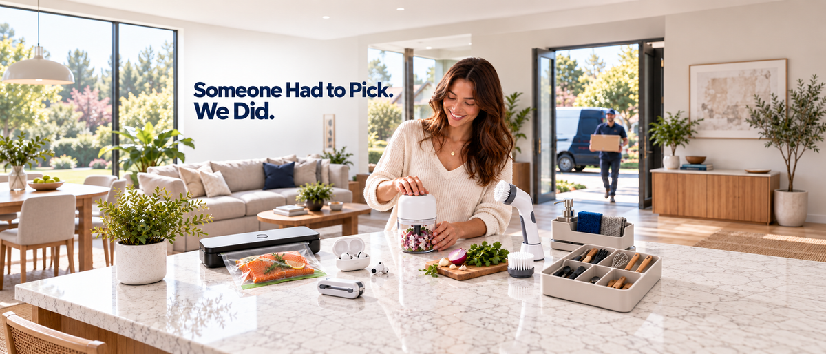 Someone had to pick. We did. A bright kitchen with everyday 961picks gadgets on the counter and a delivery arriving at the door.