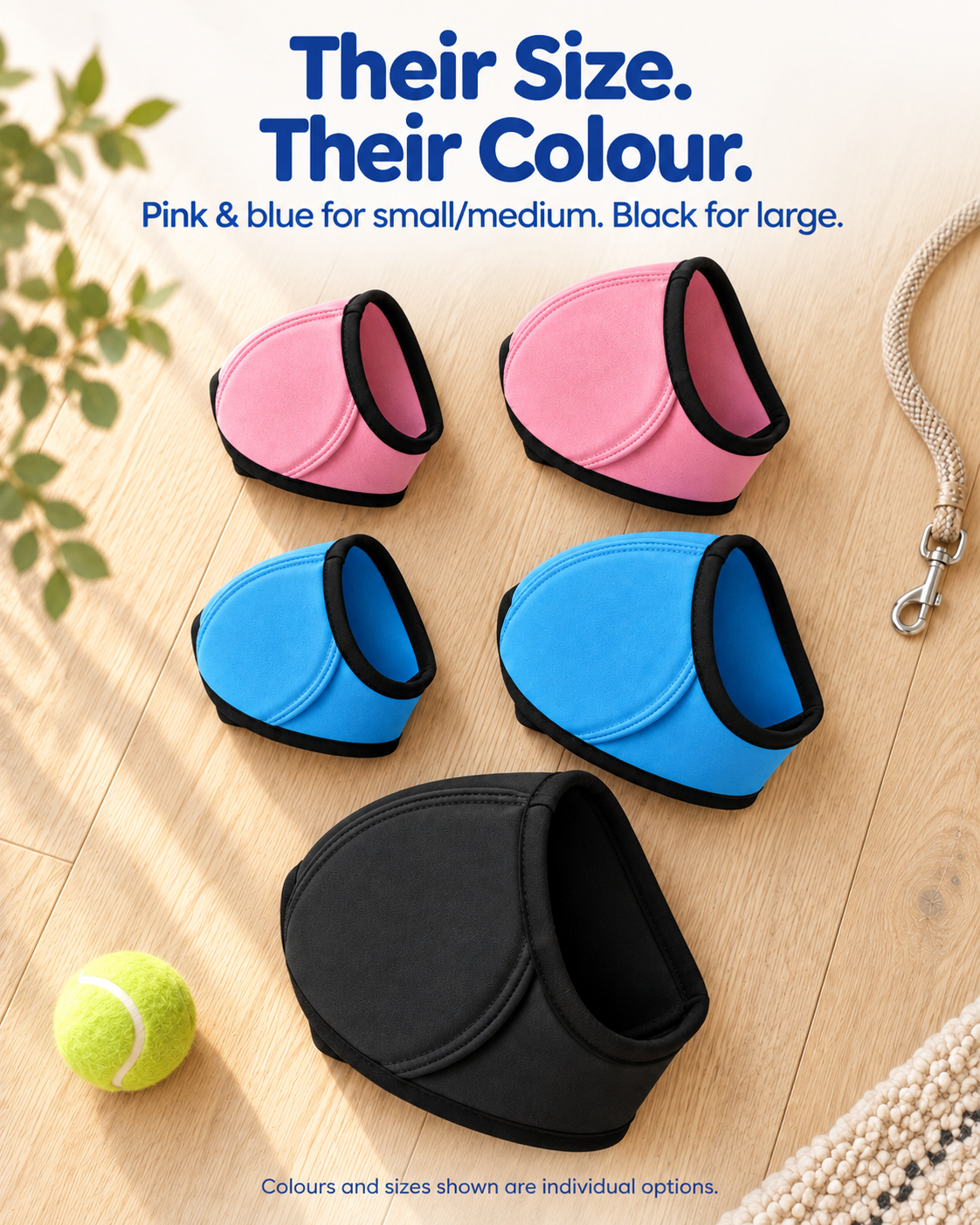 Dog ear hoods in pink, blue and black, by size