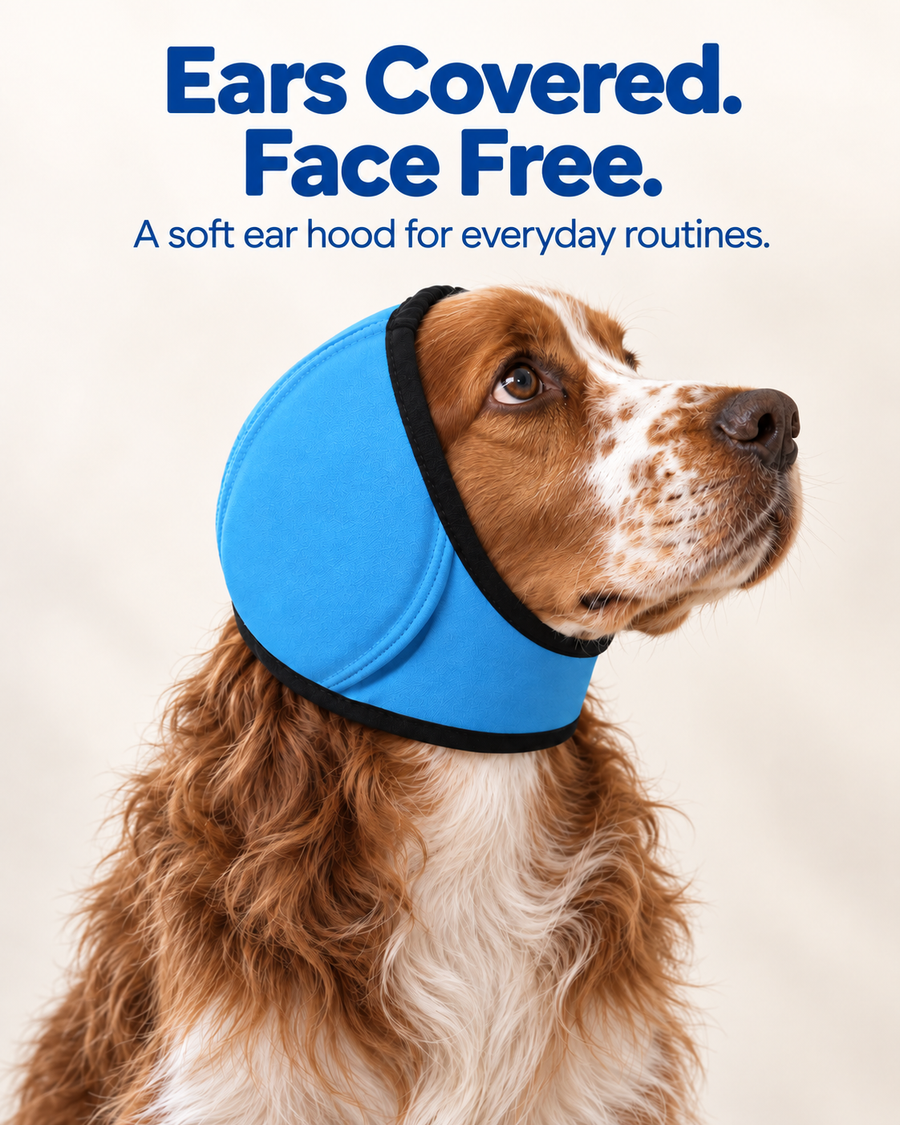 Spaniel wearing a blue ear hood with its face uncovered