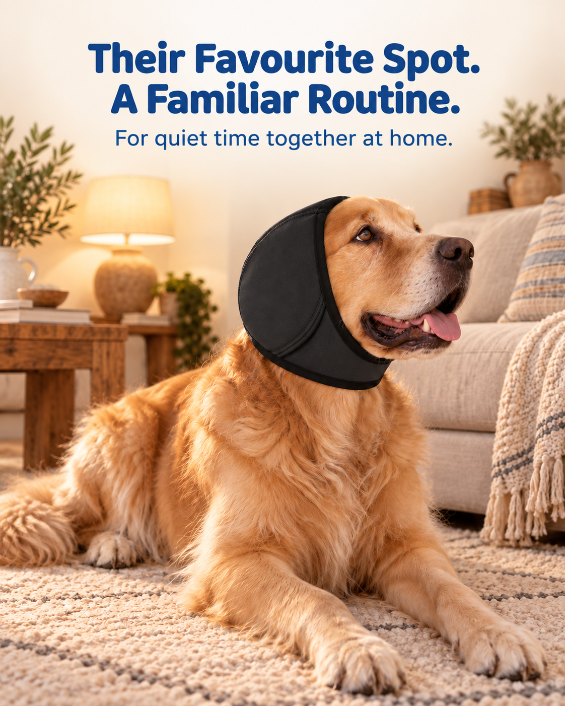 Golden retriever resting at home in a black ear hood