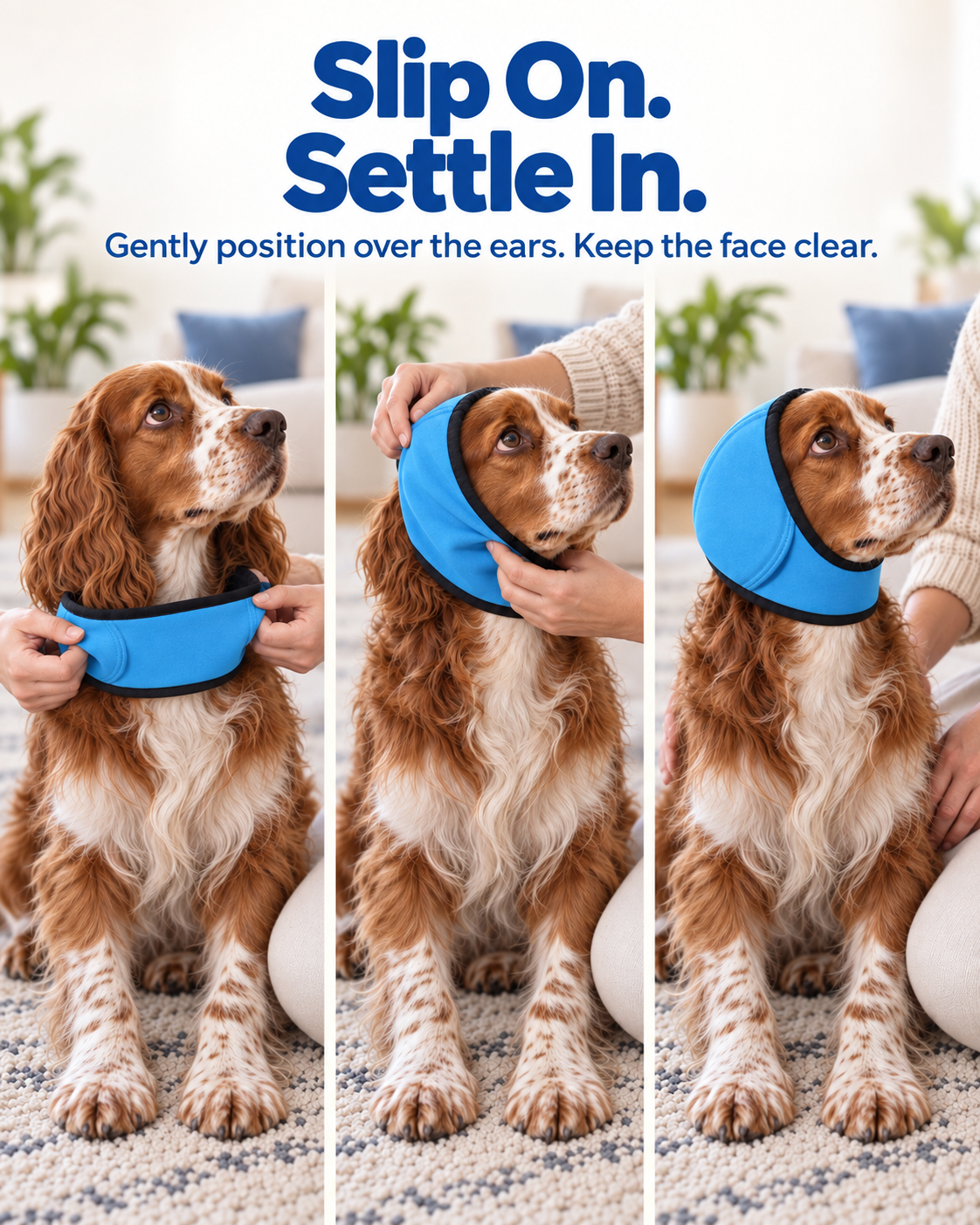 Putting a blue ear hood on a spaniel in three steps