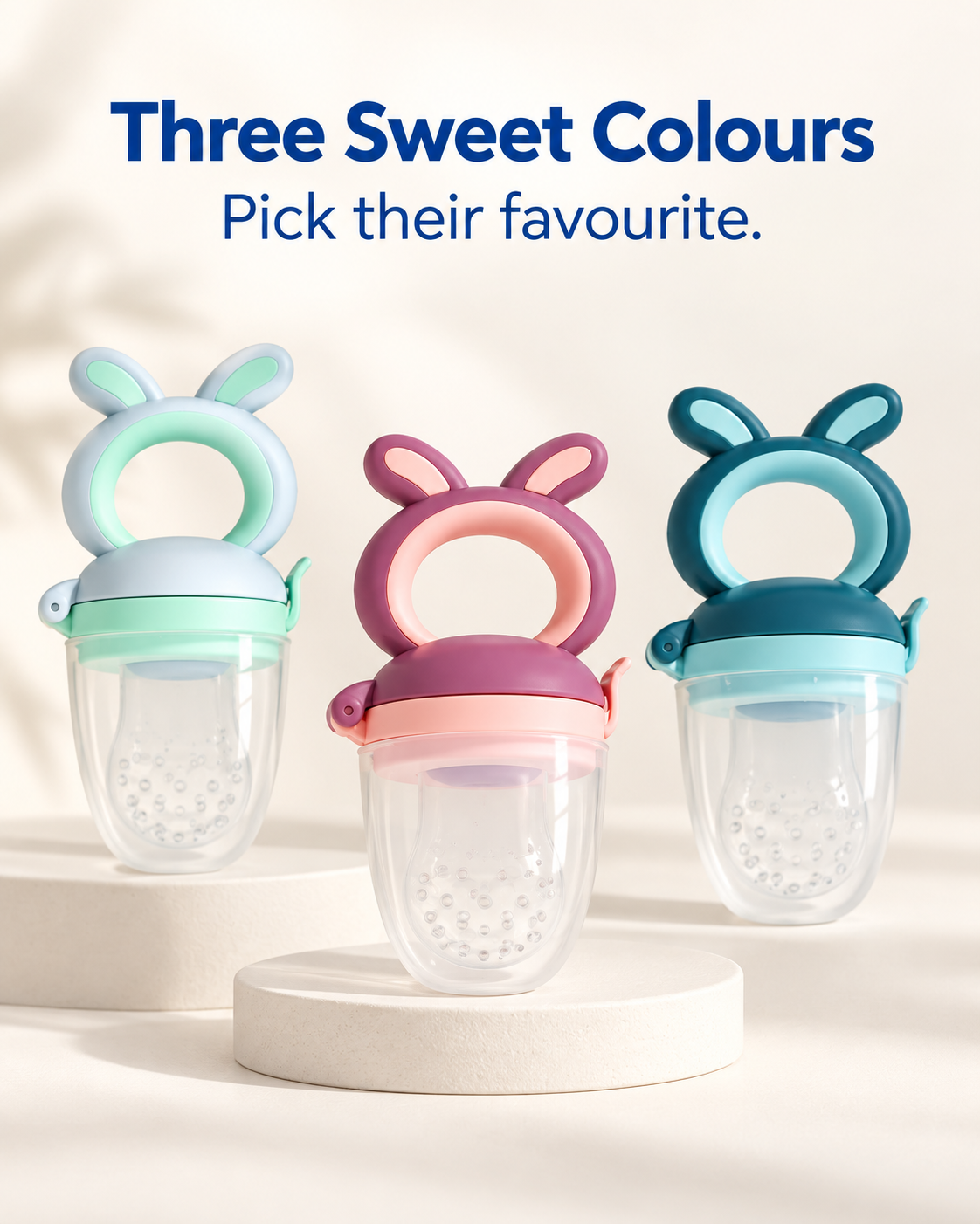 Bunny silicone baby food feeders in mint green, pink and teal