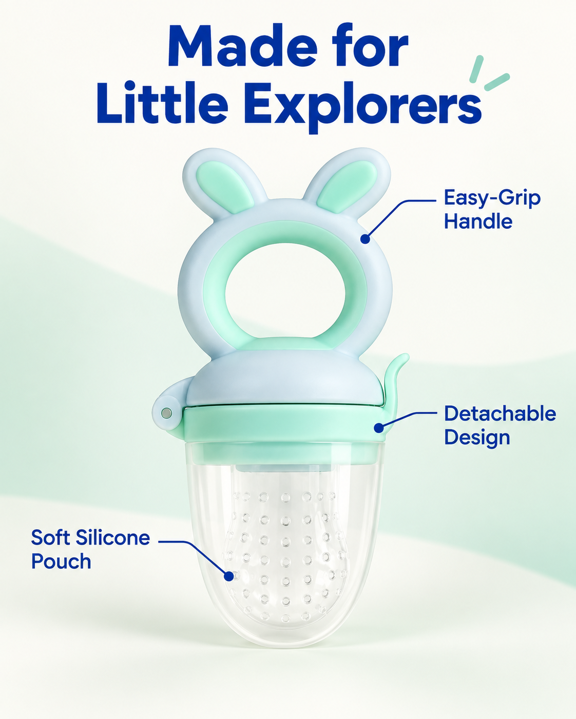 Bunny baby food feeder with easy-grip handle, detachable design and soft silicone pouch