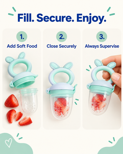 How to use the baby food feeder: add soft food, close securely, always supervise